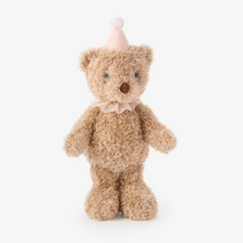 Load image into Gallery viewer, Fluffy teddy bear plush toy wearing a festive party hat and bow collar