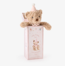 Load image into Gallery viewer, Fluffy teddy bear wearing a party hat peeking out of a decorated birthday gift box