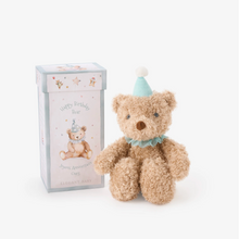 Load image into Gallery viewer, Soft teddy bear wearing a party hat, displayed beside its decorative gift box
