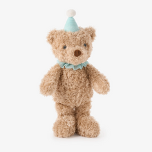 Load image into Gallery viewer, Fluffy teddy bear plush toy wearing a festive party hat and ruffled collar