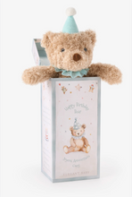 Load image into Gallery viewer, Soft teddy bear wearing a party hat peeking out of a decorative birthday gift box