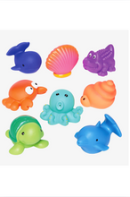 Load image into Gallery viewer, Set of eight colorful rubber sea creature bath squirt toys including turtle, octopus, and dolphin