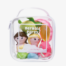 Load image into Gallery viewer, Elegant Baby Mermaid Party Squirties bath toy set in clear zippered travel bag