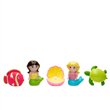 Load image into Gallery viewer, Set of five mermaid-themed bath squirt toys including mermaids, fish, turtle, and seashell