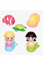 Load image into Gallery viewer, Set of five mermaid-themed bath squirt toys including mermaids, fish, turtle, and seashell