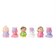Load image into Gallery viewer, Set of 6 princess and unicorn rubber bath squirt toy figures in pastel colors