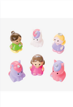 Load image into Gallery viewer, Six rubber squirt bath toys: three princess figures and three unicorns in pink and purple
