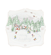 Load image into Gallery viewer, Decorative holiday trinket tray featuring a winter skating pond scene with 'Merry Christmas' script