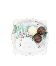 Load image into Gallery viewer, Juliska Berry &amp; Thread North Pole trinket tray featuring a festive winter village skating scene with Merry Christmas script