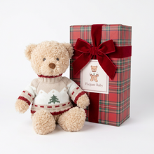 Load image into Gallery viewer, Plush teddy bear wearing a holiday sweater beside a plaid gift box with velvet bow