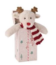 Load image into Gallery viewer, Plush reindeer stuffed animal with striped scarf, sitting in a festive Christmas gift box