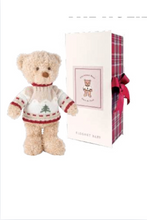 Load image into Gallery viewer, Elegant Baby Christmas teddy bear wearing holiday sweater displayed beside festive plaid gift box