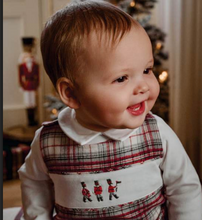 Load image into Gallery viewer, Baby wearing festive tartan jon jon with embroidered toy soldiers and collared shirt