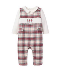 Load image into Gallery viewer, Baby boy tartan plaid jon jon overalls layered over a collared long-sleeve shirt with embroidered toy soldiers