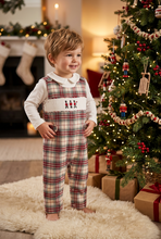 Load image into Gallery viewer, Toddler boy wearing festive tartan jon jon romper with embroidered toy soldiers over collared shirt