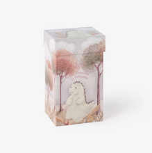 Load image into Gallery viewer, Elegant Baby Iggy the Dinosaur gift box featuring whimsical watercolor forest illustration with plush dinosaur character