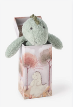 Load image into Gallery viewer, Fluffy plush dinosaur toy peeking out of decorative illustrated gift box packaging