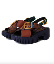 Load image into Gallery viewer, 4CCCCEES Plia Sling Platform Sandal with crossover straps, gold buckles, and chunky ridged sole