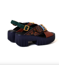 Load image into Gallery viewer, Platform slingback sandal with crossover straps, gold buckles, and reptile-textured detail