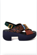 Load image into Gallery viewer, 4CCCCEES Plia Sling Platform Sandal with snakeskin straps, gold buckles, and chunky ribbed sole