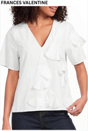 White short-sleeve V-neck poplin top with 3D origami flower appliques on front