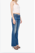 Load image into Gallery viewer, Women's mid-rise blue wash bootcut flare jeans with subtle fading and whiskering