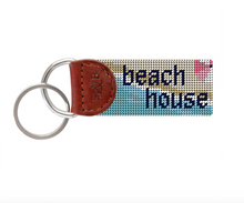 Load image into Gallery viewer, Smathers needlepoint key fob with beach house text, multicolor pastel design, leather tab