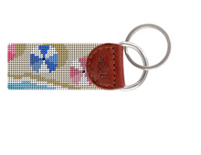 Load image into Gallery viewer, Smathers needlepoint key fob with aerial beach scene pattern and brown leather tab