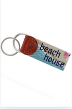 Load image into Gallery viewer, Needlepoint beach house key fob with brown leather tab and silver split rings