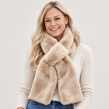 Load image into Gallery viewer, Smiling woman wearing a luxurious faux fur scarf styled with a cozy sweater and jeans