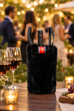 Load image into Gallery viewer, Pretty Rugged faux fur wine tote bag holding a bottle at an elegant outdoor evening party