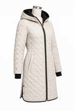 Load image into Gallery viewer, Quilted hooded zip-up long coat with chevron stitching and contrasting trim details