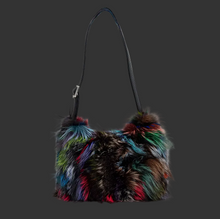 Load image into Gallery viewer, Luxurious multicolored fox fur shoulder bag with sleek black leather adjustable strap