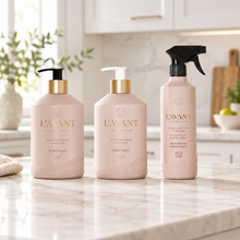 Load image into Gallery viewer, L'AVANT Collective Everyday Essentials Collection featuring hand soap, dish soap, and multipurpose cleaner in Blushed Bergamo