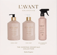 Load image into Gallery viewer, L'AVANT Collective Everyday Essentials Collection featuring hand soap, dish soap, and multipurpose cleaner