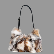 Load image into Gallery viewer, Natural fox fur shoulder bag with multicolor patches and black leather strap
