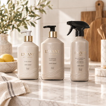 Load image into Gallery viewer, L'AVANT Collective Everyday Essentials Collection Ambre Santal dish soap and multi-purpose cleaner set displayed on marble co