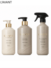 Load image into Gallery viewer, L'AVANT Collective Everyday Essentials Collection featuring dish soap, foaming dish soap, and multi-purpose cleaner in Ambre 