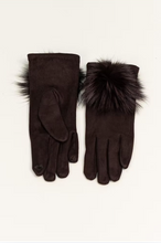 Load image into Gallery viewer, Faux suede gloves with fluffy fox fur trim detail at the wrist cuff