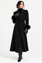Load image into Gallery viewer, Elegant leather gloves with fluffy fox fur trim cuffs, styled with a long belted coat