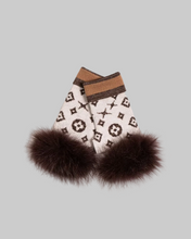 Load image into Gallery viewer, Cream knit fingerless gloves with brown LV-style monogram pattern and fox fur trim