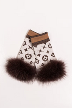 Load image into Gallery viewer, Brown monogram fingerless gloves with lurex stripe cuff and fox fur trim