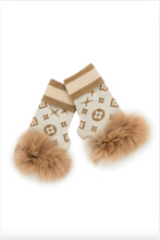 Load image into Gallery viewer, Fingerless knit gloves featuring luxury monogram pattern with fluffy faux fur pom-pom trim