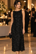 Load image into Gallery viewer, Elegant midi-length floral appliqué dress with sequin accents, worn at a formal gala event