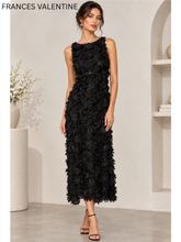Load image into Gallery viewer, Sleeveless midi dress featuring three-dimensional floral appliqués and sequin embellishments throughout