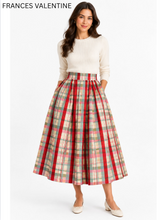 Load image into Gallery viewer, Frances Valentine plaid ball skirt with full pleated silhouette, styled with ribbed sweater and flats