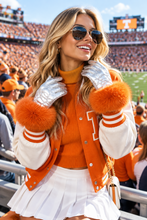 Load image into Gallery viewer, Stylish quilted puffer gloves with luxurious fox fur trim worn at a football game