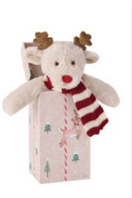 Load image into Gallery viewer, Plush reindeer stuffed animal with striped scarf, sitting inside a festive Christmas gift box