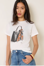 Load image into Gallery viewer, Woman wearing a fitted graphic tee featuring a luxury handbag with decorative scarf print