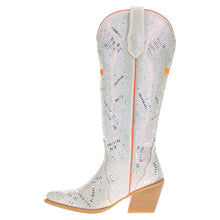 Load image into Gallery viewer, Vaccari Amber Tennessee rhinestone cowboy boot in white with orange trim and block heel